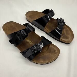 Birkenstock Ibiza Two Strap Black Patent Birk Flor Sandals Sz 39 EU / 8 US Women